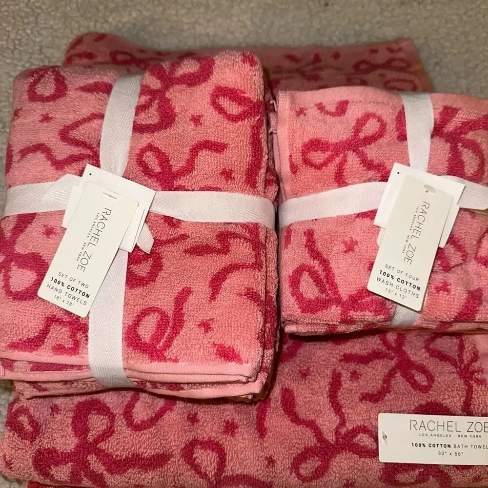 Rachel Zoe Bath Towel Set Pink Reversible Feminine Girly Bow Pattern NWT